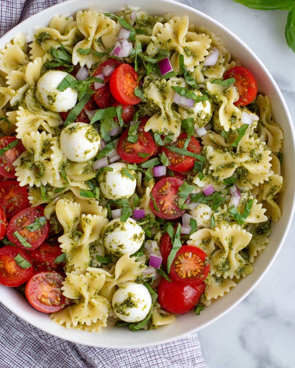 A white bowl filled with a colorful pasta salad that has three main layers: the bottom layer is light yellow bowtie-shaped pasta, the middle layer has bright red halved cherry tomatoes and round white mozzarella balls covered in green pesto, and the top layer is scattered with chopped fresh green basil leaves, small purple onion pieces, and a light green pesto sauce coating everything. The bowl is placed on a white marbled surface with a checkered cloth nearby. Photo taken with an iphone --ar 4:5 --v 7