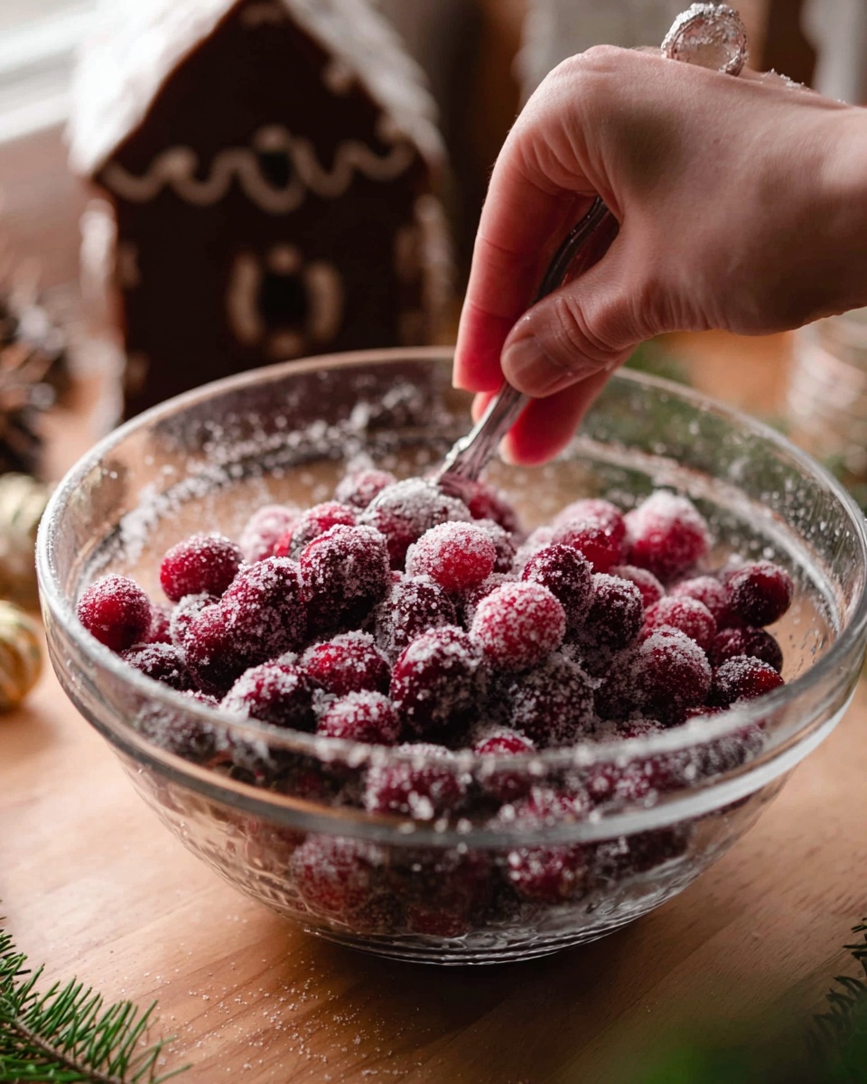 A clear glass bowl filled with deep red cranberries covered in white granulated sugar, giving a frosted look. A woman's hand is gently holding a spoon inside the bowl, stirring the sugared cranberries. The bowl is placed on a light wooden surface, with blurred background elements including a dark brown gingerbread house and soft natural light coming from a window. Small green pine branches can be seen at the edge, adding a festive touch. photo taken with an iphone --ar 4:5 --v 7