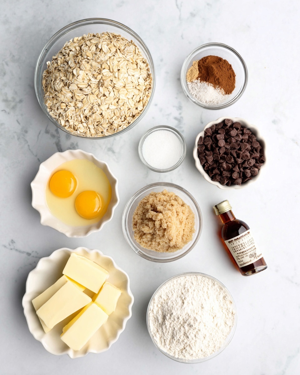The image shows a top-down view of eight ingredients in separate white bowls and a small bottle on a white marbled surface. Starting from the top left, there is a large clear bowl filled with light beige rolled oats. To the right of that is a small clear bowl with mixed cinnamon and salt spices. Next to it, on the far right, is a white bowl full of dark brown chocolate chips. Below the spices is a small white bowl containing two raw eggs with yellow yolks. To the right of the eggs is a clear bowl of light brown packed brown sugar. Below the oats, there is a small white bowl with white granulated sugar. Next to the sugar is a clear bowl filled with white flour. At the bottom left, there is a white fluted bowl holding several rectangular pieces of pale yellow butter. Lastly, on the right side near the bottom, there is a small dark glass bottle labeled bourbon vanilla extract. The arrangement is neat and each ingredient is clearly visible photo taken with an iphone --ar 4:5 --v 7