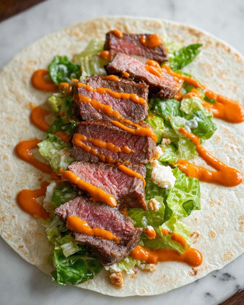 A white soft tortilla flat on a white marbled surface holds three main layers: the bottom layer is chopped green lettuce mixed with some creamy white dressing and small crunchy pieces, the middle layer features slices of medium-rare beef with a pink center and a browned edge, and the top layer is bright orange sauce drizzled over the beef and lettuce in a zigzag pattern, all presented with clear detail showing the textures and colors of each layer photo taken with an iphone --ar 4:5 --v 7