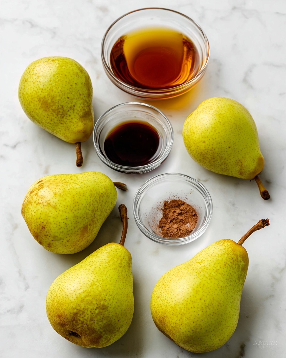 Five whole pears with yellow-green skin and some brown spots are placed on a white marbled surface. In the center, there are three small clear glass bowls: one large bowl filled with amber-colored liquid, one medium bowl with dark brown liquid, and one small bowl holding a small pile of ground brown spice. The pears and bowls are spread evenly in a loose circle. photo taken with an iphone --ar 4:5 --v 7