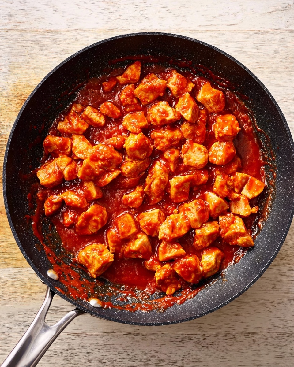 The image shows a black pan with a silver handle filled with small pieces of chicken covered in a thick, bright red sauce. The chicken pieces are spread out in the pan with some sauce pooled around the edges, giving a shiny and slightly sticky look. The pan sits on a light wooden surface replaced with a white marbled texture. The sauce looks smooth and evenly coats the chicken pieces, with a mix of deep red and orange tones throughout the dish photo taken with an iphone --ar 4:5 --v 7