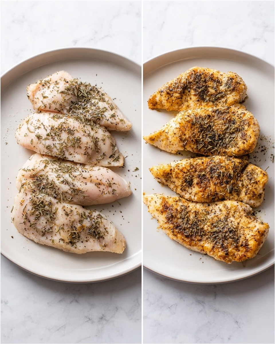 The image shows two white plates on a white marbled surface. The plate on the left has three raw, pale pink chicken pieces sprinkled evenly with dry green herbs and black pepper, lying side by side. The plate on the right has four cooked chicken pieces arranged in a row, with a golden-brown color and crispy texture, also covered with cracked black pepper and herbs. Both plates are round and simple, focusing on the contrast between the raw and cooked chicken. Photo taken with an iphone --ar 4:5 --v 7