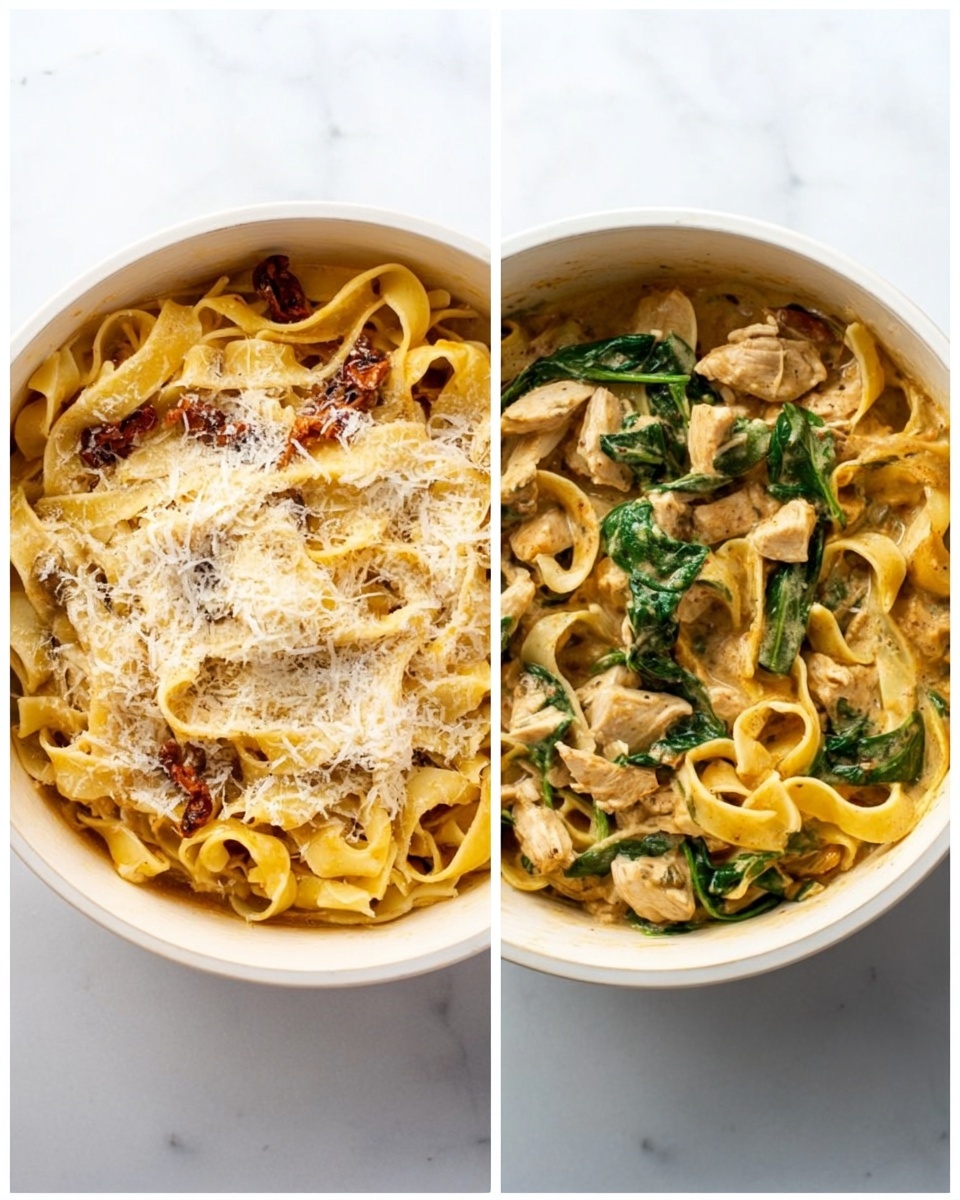 The image shows two side-by-side round white pots placed on a white marbled surface. The pot on the left is filled with wide, flat noodles mixed with a creamy sauce and scattered with small pieces of sun-dried tomatoes. The top layer is covered with a generous amount of grated cheese, creating a rough, powdery texture. The pot on the right contains the same wide noodles in a creamy sauce but has added pieces of cooked chicken and fresh green spinach leaves mixed evenly throughout. The textures vary from smooth sauce, tender noodles, soft chicken chunks, to the fresh leafy spinach, all blending together. photo taken with an iphone --ar 4:5 --v 7
