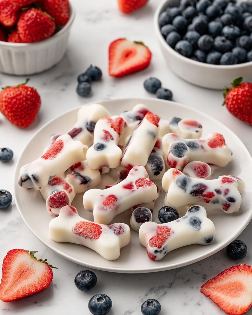 A white plate on a white marbled surface holds many small frozen treats shaped like dog bones. Each bone has a smooth, creamy white base with pieces of bright red strawberries and dark blue blueberries embedded inside, giving pops of red and blue color throughout. Around the plate are scattered fresh whole blueberries and strawberries, some sliced in half showing their juicy red interiors. A bowl filled with fresh blueberries sits to the right side in the background, and another bowl with strawberries is partially visible to the left. The lighting is bright and natural, highlighting the icy texture and vibrant fruit colors on the white marbled surface. photo taken with an iphone --ar 4:5 --v 7