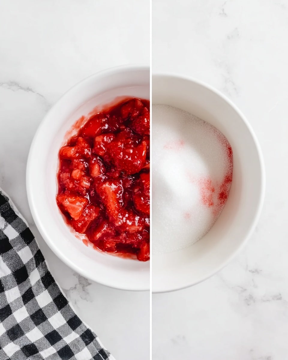 The image shows two white bowls placed side by side on a white marbled surface. The left bowl is filled with a crushed red mixture of strawberries, with visible chunks and a juicy texture filling the bowl. The right bowl contains a mound of white granulated sugar with some strawberry juice stains creating subtle red streaks on the surface. A piece of a black and white checkered cloth is partly visible at the bottom left corner. photo taken with an iphone --ar 4:5 --v 7