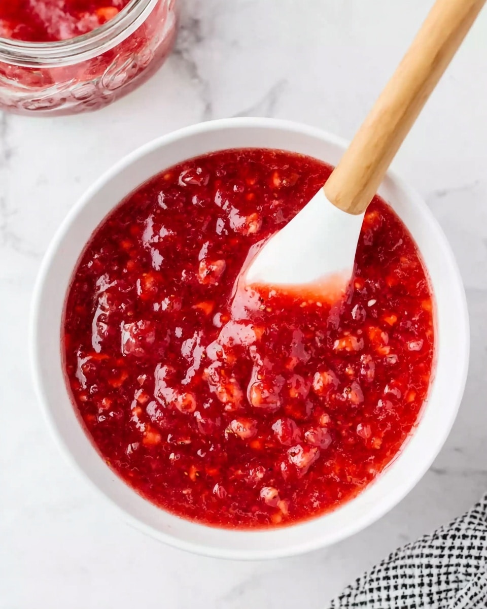 A white bowl filled with bright red strawberry sauce that has small chunks of strawberries throughout. A wooden spatula with a white silicone tip is standing inside the bowl, partially covered in the sauce. The bowl sits on a white marbled surface, and part of a glass jar with a red rim and a black and white checkered cloth are seen nearby. The sauce looks thick and fresh with a glossy shine. photo taken with an iphone --ar 4:5 --v 7