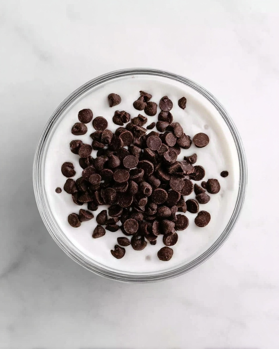 A clear glass bowl sits on a white marbled surface, filled with a smooth white base layer that looks creamy. On top of this base, there is a pile of small, round dark brown chocolate chips scattered mostly in the center, creating a contrast between the white base and the dark topping. The overall look is simple and clean with two distinct layers visible photo taken with an iphone --ar 4:5 --v 7