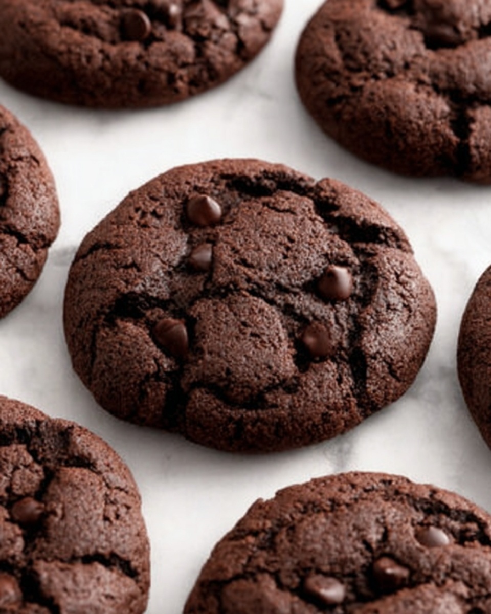 The image shows several round chocolate cookies arranged on a white marbled surface. Each cookie is dark brown with a slightly cracked texture on top, revealing small, darker chocolate chips embedded throughout the surface. The cookies look soft but firm, with a matte finish except for some shiny bits where the chocolate chips catch the light. They are closely spaced but not overlapping, creating a neat group with a natural, homemade look. The photo is evenly lit, emphasizing the rich chocolate color and the texture details of the cookies. Photo taken with an iphone --ar 4:5 --v 7
