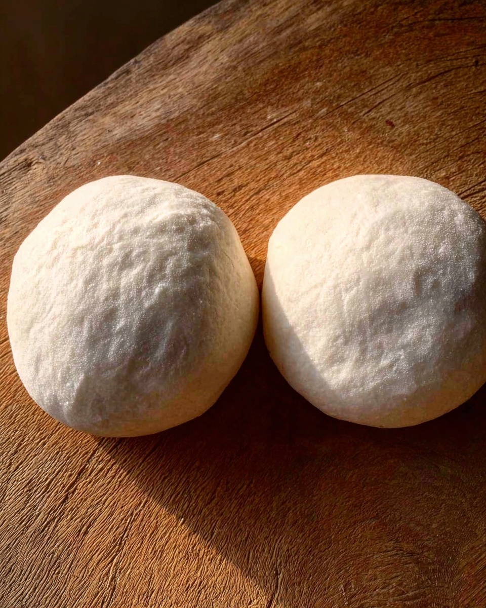 Two round, pale dough balls rest on a brown wooden surface with a rough texture. Each dough ball is smooth, slightly puffy, and has a soft white color. The lighting highlights their round shape and soft surface. Photo taken with an iphone --ar 4:5 --v 7