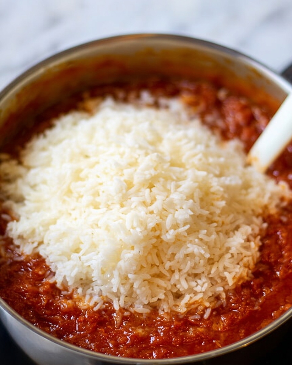 The image shows a pot filled with two layers of food. The bottom layer is a thick, bright red sauce with a chunky texture that looks like it has small bits of ingredients. On top of this sauce is a large pile of shiny, white rice grains that are soft and moist, slightly overlapping and covering most of the sauce. In the upper background, there is a blurred silver spoon resting inside the pot. The pot is set on a white marbled surface. Photo taken with an iphone --ar 4:5 --v 7