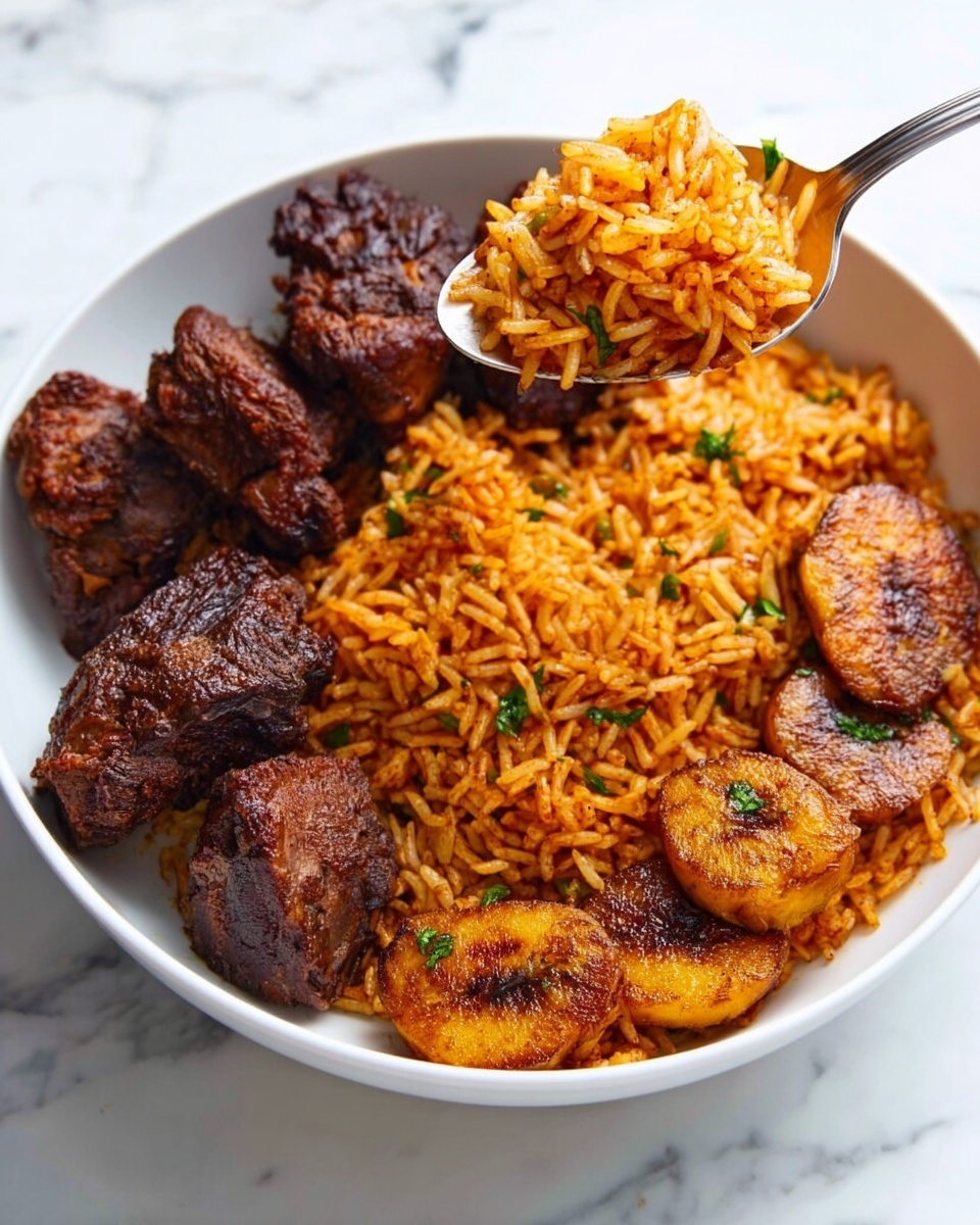 A white bowl filled with three sections: on the left, there are four dark brown pieces of cooked meat with crispy texture; in the middle, there is a heap of orange-red seasoned rice with visible grains, some herbs, and a spoon holding a scoop of it above the bowl; on the right, five golden brown fried plantain slices, slightly caramelized, are garnished with small green herb pieces. The bowl rests on a white marbled surface. photo taken with an iphone --ar 4:5 --v 7