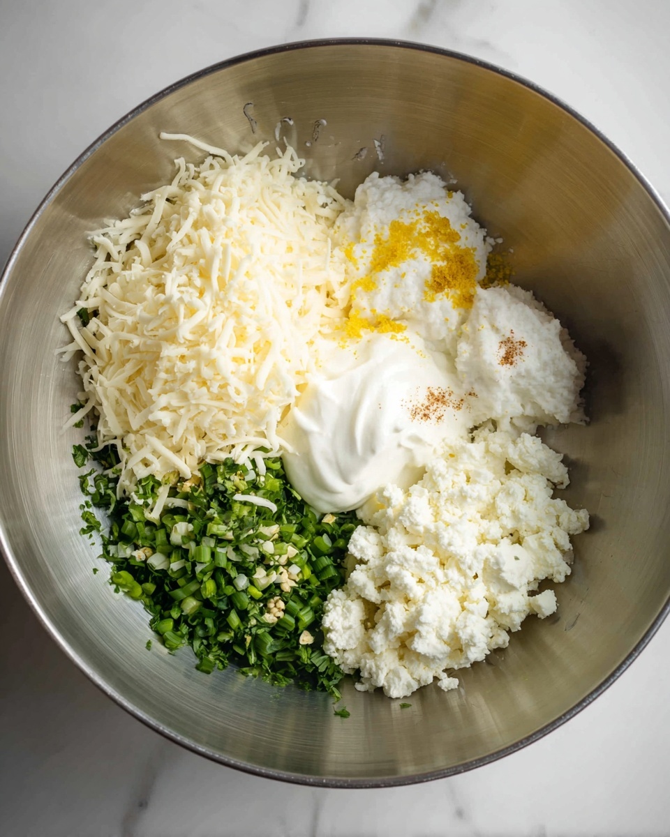 Inside a large stainless steel bowl, there are five main layers of ingredients placed separately. In the top center, there is a mound of finely shredded white cheese with a soft texture. To its right, there is a dollop of thick white sour cream with some tiny yellow zest pieces on top. At the bottom right, a crumbly white cheese with an almost grainy look covers the area. On the bottom left, chopped green herbs and green onions form a fresh, leafy layer. Small yellow zest pieces and a tiny amount of light brown powder are sprinkled in the center, offering contrast to the other layers. The bowl rests on a white marbled surface. Photo taken with an iphone --ar 4:5 --v 7