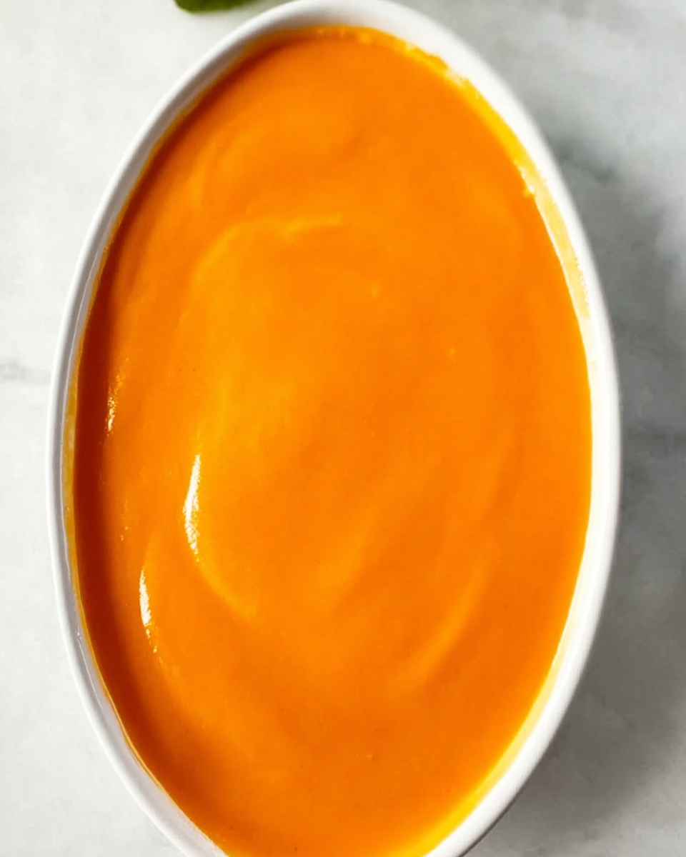 The image shows an oval white plate filled with a smooth, thick layer of bright orange sauce, evenly spread across the entire top surface. The sauce has a creamy texture with a shiny, glossy finish, and no other items or garnishes are visible on or around the plate. The background is a white marbled surface. photo taken with an iphone --ar 4:5 --v 7