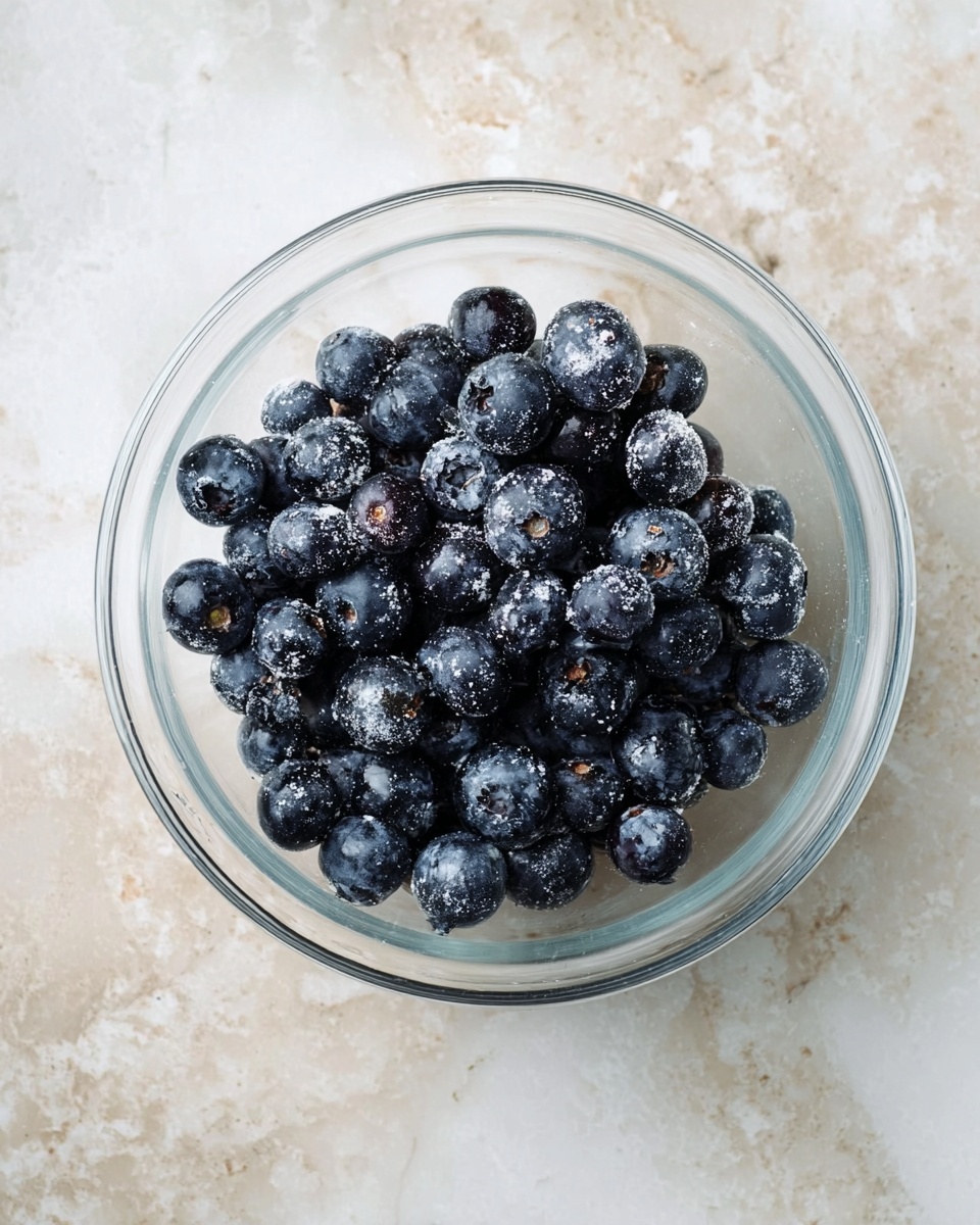 A clear glass bowl is filled with a single layer of dark blue blueberries, each berry lightly coated with a fine white powdery substance, likely flour or sugar, giving a slightly frosted look. The berries are round and shiny with small stems visible on some, sitting on a surface with a white marbled texture. The bowl itself has a smooth round rim and a simple transparent body that shows the blueberries clearly through it. Photo taken with an iphone --ar 4:5 --v 7