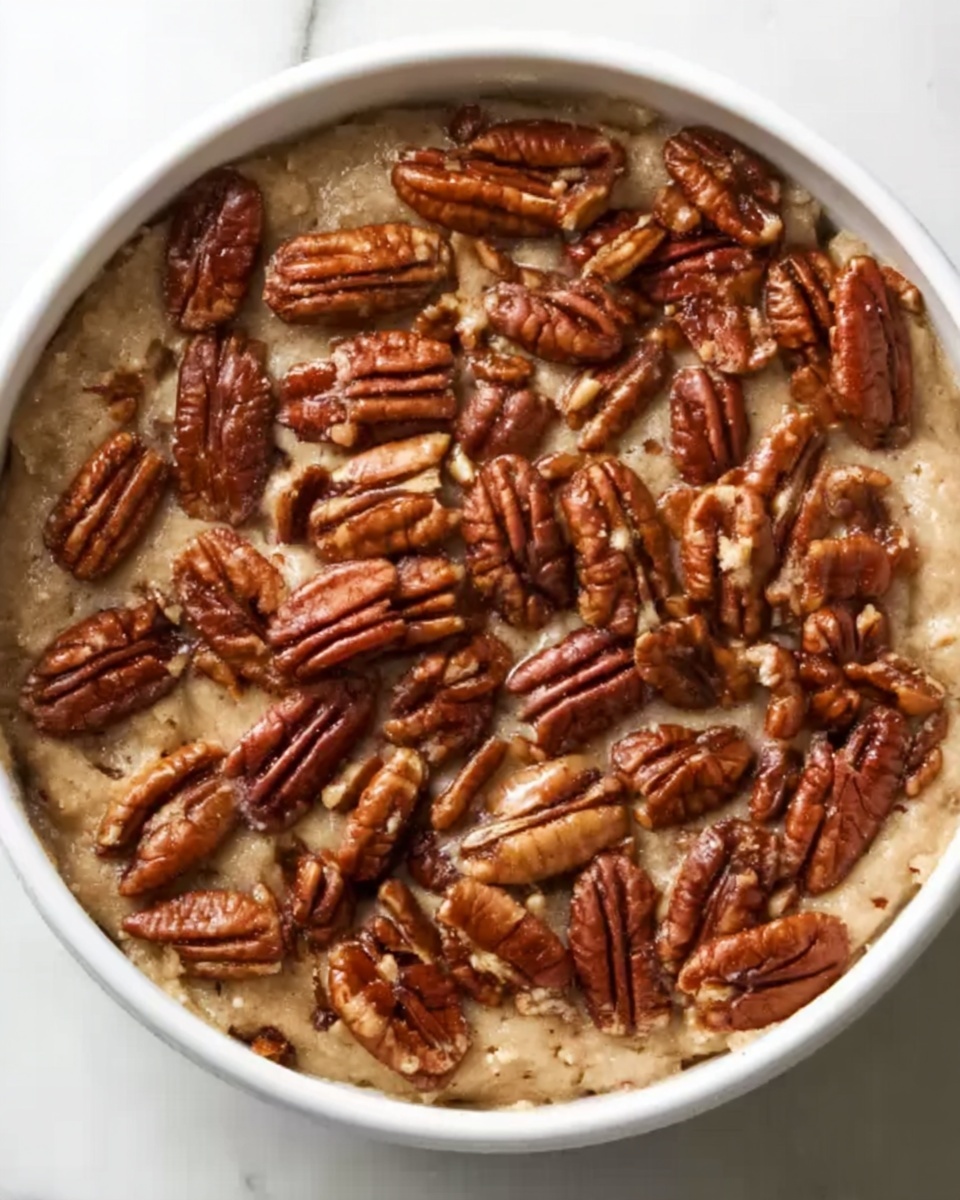 A white bowl filled with a thick, creamy beige mixture, topped with a generous layer of whole and halved pecan nuts spread evenly across the surface. The pecans have a rich brown color with a slightly shiny texture, creating a rough, crunchy topping that contrasts with the smooth layer beneath. The bowl is placed on a white marbled surface, highlighting the natural warm colors of the nuts and the neutral tone of the creamy base, making the dish look rustic and inviting. Photo taken with an iphone --ar 4:5 --v 7