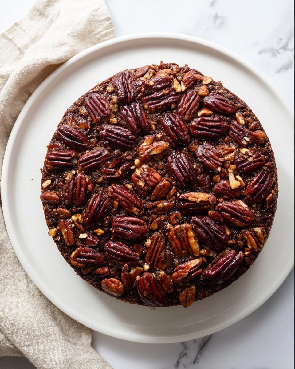 A round, single-layer dark brown cake covered fully with large, glossy pecan nuts that are deep reddish-brown and unevenly spread over the top. The cake sits on a simple white plate placed on a white marbled surface. A light beige cloth napkin is partly visible on the left side of the image. The cake’s texture looks dense and slightly uneven, giving a homemade feel. photo taken with an iphone --ar 4:5 --v 7