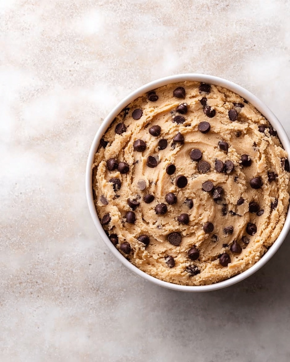 A round white bowl filled with light brown cookie dough mixed with many dark chocolate chips spread evenly throughout. The dough has a rough, slightly creamy texture with small swirls on the surface. The bowl is placed on a white marbled surface. Photo taken with an iphone --ar 4:5 --v 7