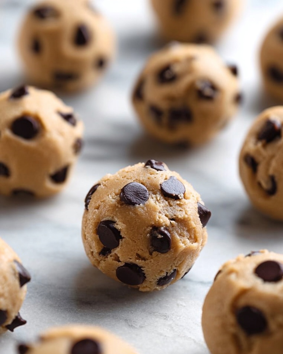 The image shows multiple raw cookie dough balls placed randomly on a white marbled surface. Each dough ball is round and light brown in color with many dark, shiny chocolate chips embedded throughout. The dough looks soft and slightly grainy in texture. The chocolate chips are large and scattered on the surface of each dough ball, creating a contrast between the light dough and dark chips. The focus is on one cookie dough ball in the center, with others blurred in the background. Photo taken with an iphone --ar 4:5 --v 7