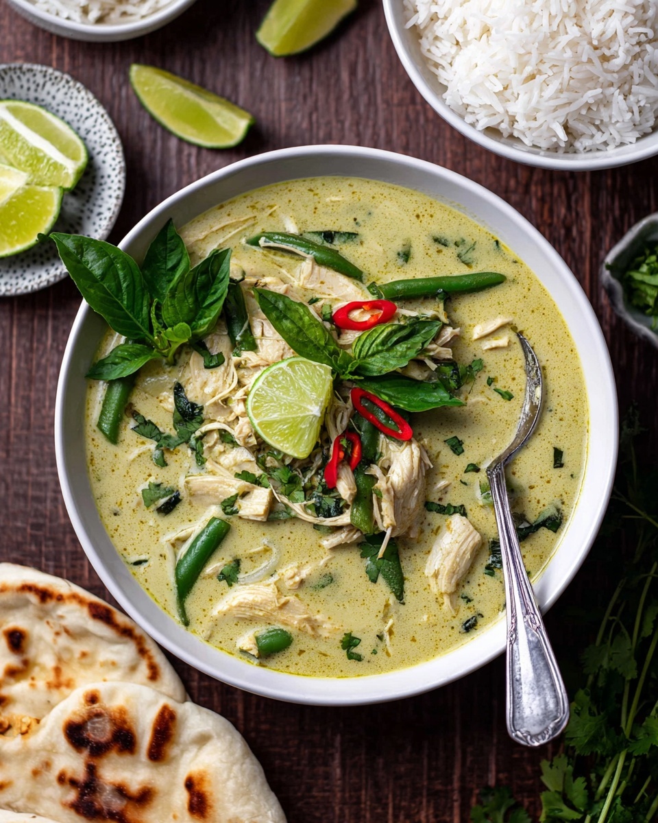 A white bowl filled with creamy green curry that has shredded light chicken pieces floating in the middle layer, mixed with chopped green beans and leafy herbs. The top layer has fresh green basil leaves, a slice of lime, small red chili slices, and bright green coriander leaves. A silver spoon is resting inside the bowl on the right side. Around the bowl, there is white fluffy rice in a white bowl at the top left, white naan bread with browned spots on the bottom left, and a small white bowl with lime wedges and green coriander at the top right, all placed on a dark brown wooden surface. photo taken with an iphone --ar 4:5 --v 7