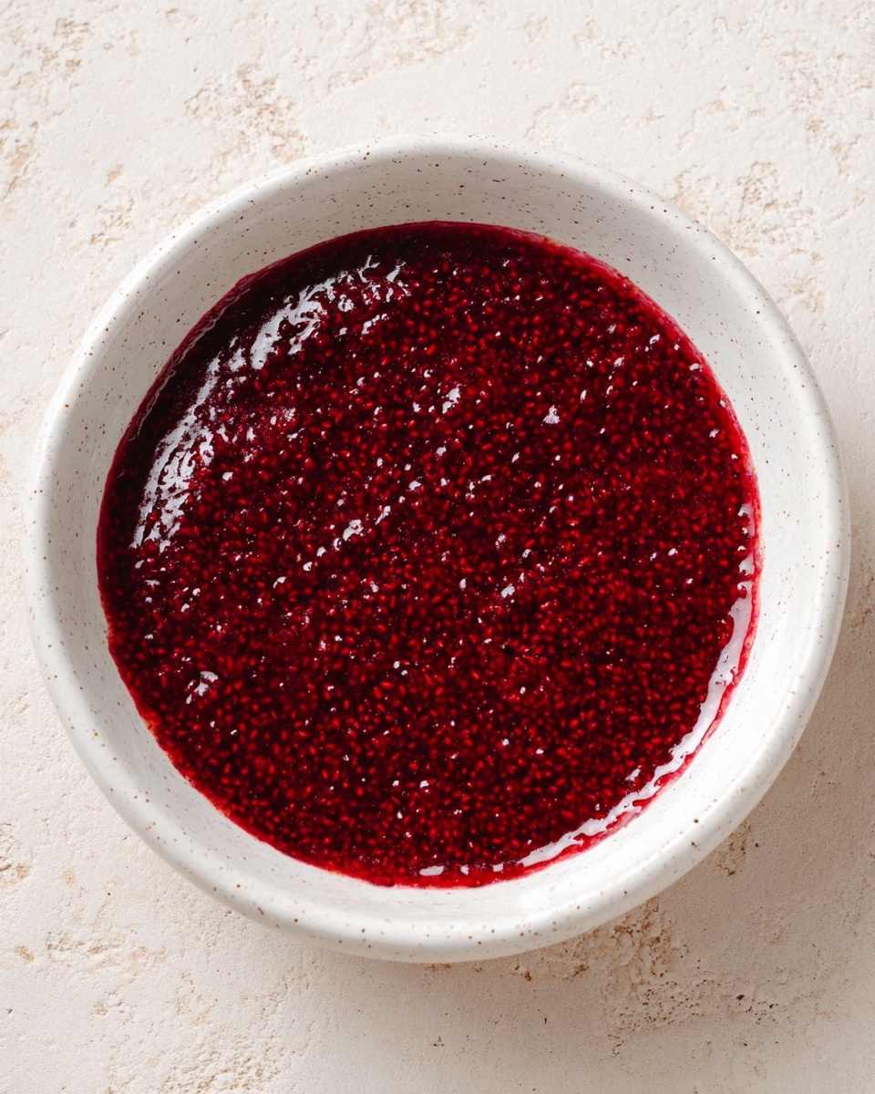 A round white speckled bowl filled with a single thick layer of glossy, deep red raspberry jam that shows its small textured seeds and shiny surface, resting on a white marbled texture background. Photo taken with an iphone --ar 4:5 --v 7