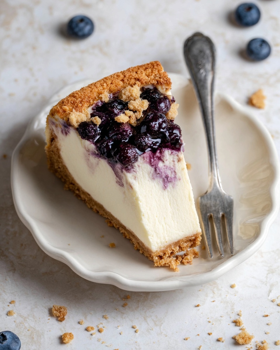 A slice of cheesecake sits in the middle of a white plate with a slightly wavy edge. The cheesecake has three layers: the thick creamy white cheese layer in the middle, a light brown crumbly crust forming the base and edges, and a top layer dotted with dark purple blueberries and some crumbly pieces. To the right side of the cheesecake on the plate, there is a silver fork resting. The plate is placed on a white marbled surface with some scattered crumbs and a few fresh blueberries nearby. Photo taken with an iphone --ar 4:5 --v 7