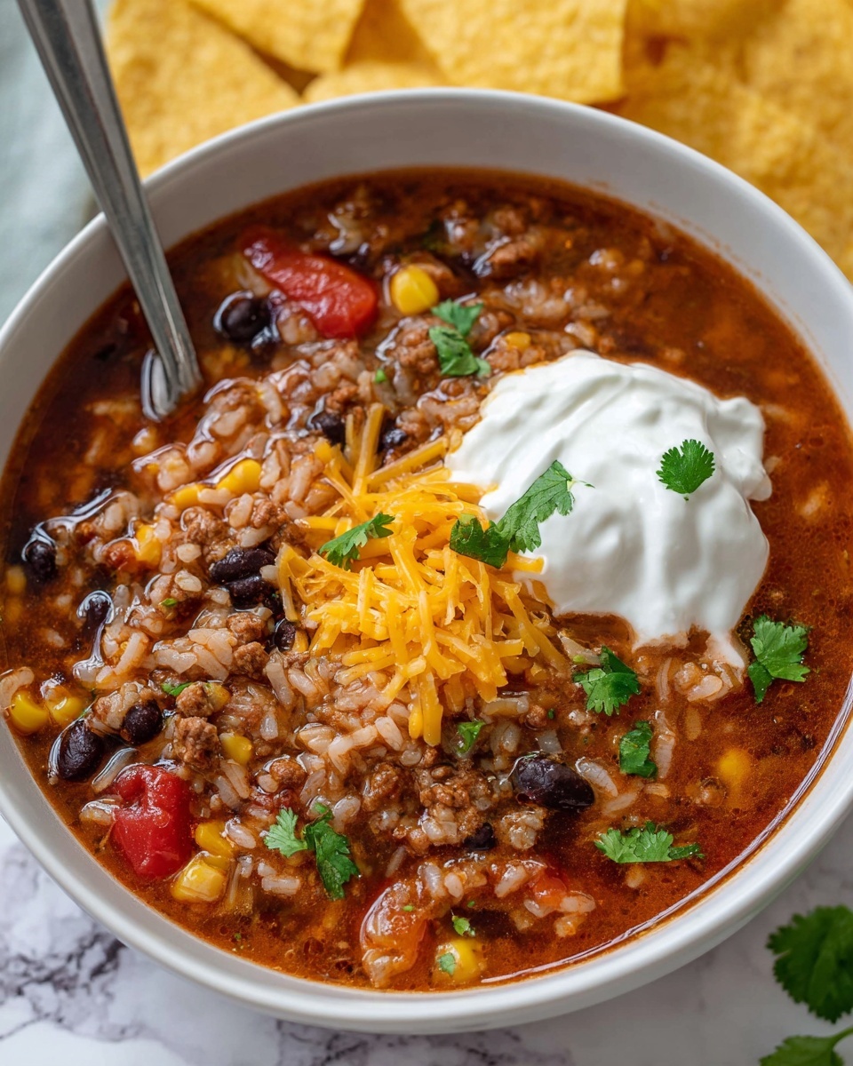 A white bowl filled with a rich chili soup containing layers of cooked rice, black beans, yellow corn, ground meat, and small red tomato pieces mixed in a deep reddish-brown broth. On the top right side, there is a thick dollop of white sour cream next to a small pile of shredded orange cheddar cheese scattered slightly over the sour cream and soup. Fresh green cilantro pieces are sprinkled evenly across the surface. A spoon is partially dipped into the soup, and the bowl sits on a white marbled surface with yellow tortilla chips in the background. Photo taken with an iphone --ar 4:5 --v 7