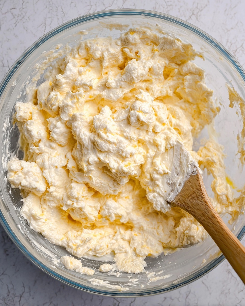A clear glass bowl filled with a thick, chunky mixture that is pale yellow and white in color, showing a creamy and slightly textured surface with a wooden spatula resting on the right side partially covered in the mixture, placed on a white marbled surface. photo taken with an iphone --ar 4:5 --v 7