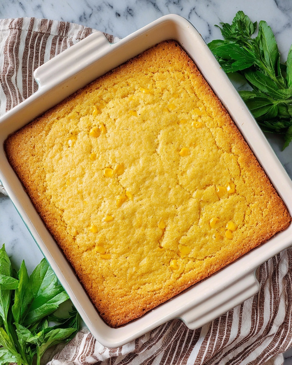 A single-layer cornbread baked in a white square baking dish with soft golden brown edges and a slightly lighter yellow, textured center where pieces of corn kernels are visible. The surface looks crumbly and a little cracked. The dish sits on a white marbled surface with a striped cloth partially underneath and green leafy herbs nearby. Photo taken with an iphone --ar 4:5 --v 7