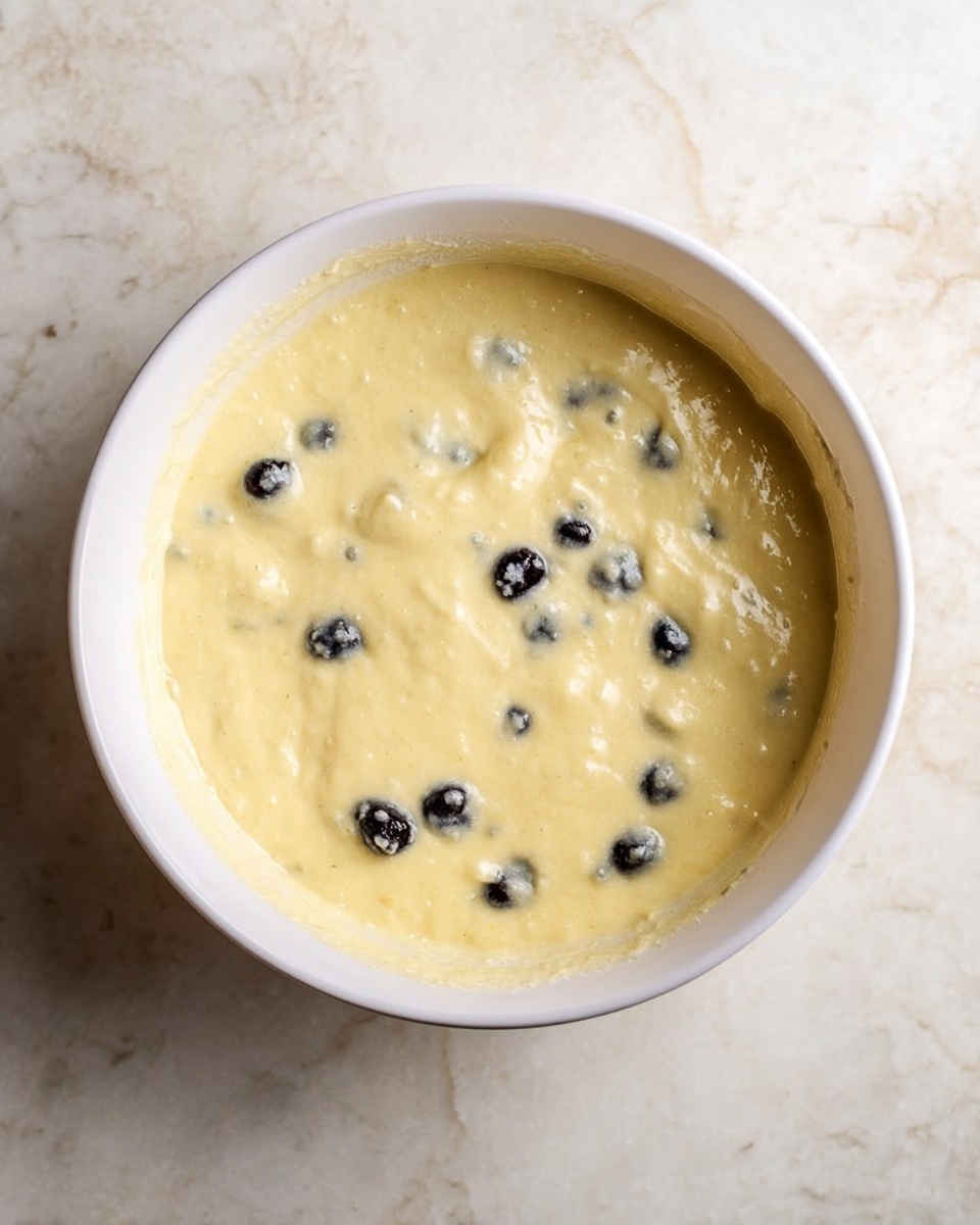 A white bowl filled with pale yellow batter that has a smooth, creamy texture with small lumps, and scattered dark blueberries embedded mostly near the top surface. The batter looks thick but spread evenly inside the bowl. The bowl is placed on a white marbled surface. photo taken with an iphone --ar 4:5 --v 7