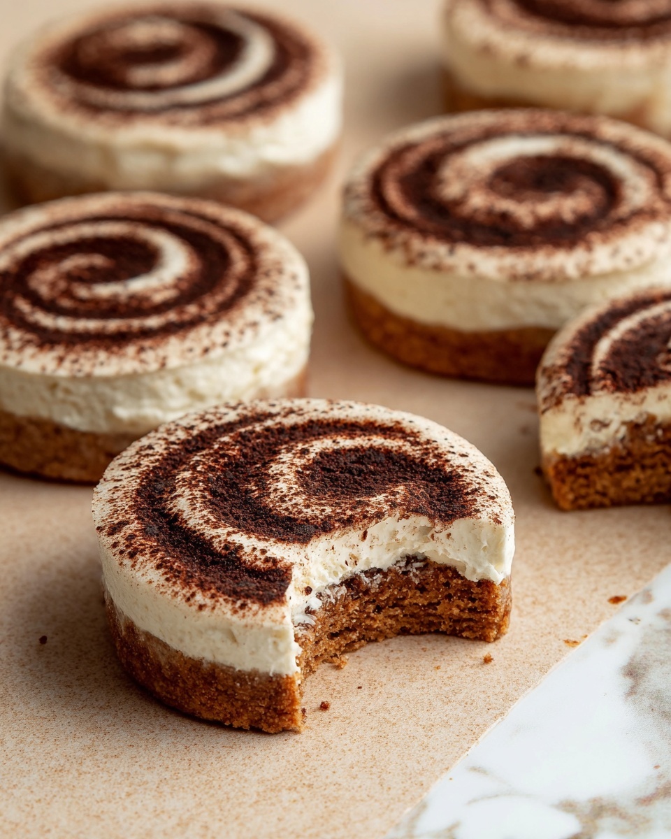 The image shows several round cookies each topped with a thick swirl of white cream that forms a spiral, dusted generously with dark brown cocoa powder. The cookies have a light brown base which looks soft and slightly textured. The swirl of cream is smooth and creamy, with the cocoa powder creating a speckled pattern on the surface, highlighting the spiral shape. The cookies are placed closely together on a light brown parchment paper that lies on a white marbled surface. The overall look is neat and inviting with a warm, cozy feel. photo taken with an iphone --ar 4:5 --v 7