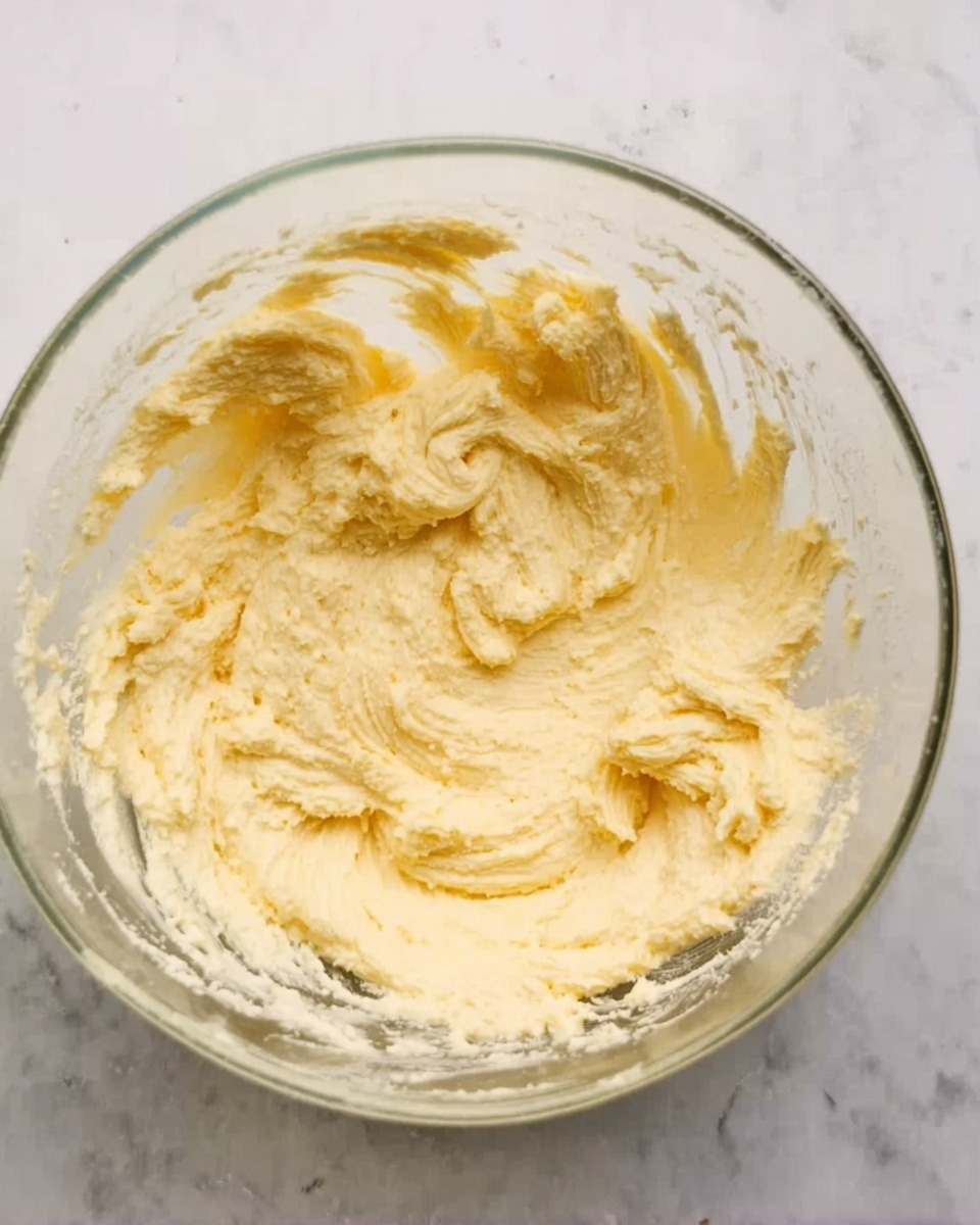 A clear glass bowl filled with a creamy, pale yellow mixture that looks soft and fluffy. The mixture has a smooth, slightly whipped texture with visible swirls and peaks from stirring. The bowl is placed on a white marbled surface, with some mixture spread unevenly along the sides showing the motion of mixing. The light catches the creamy texture, highlighting its thickness and softness. photo taken with an iphone --ar 4:5 --v 7