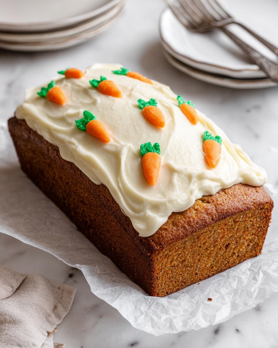 A rectangular loaf cake with one visible thick layer of golden brown cake. The top is covered with one thick, creamy white frosting layer that is spread with soft swirls. Small orange carrot-shaped decorations with green tops are evenly placed on the frosting. The cake sits on white parchment paper against a white marbled surface. In the background, there are three stacked white plates and two silver forks. photo taken with an iphone --ar 4:5 --v 7