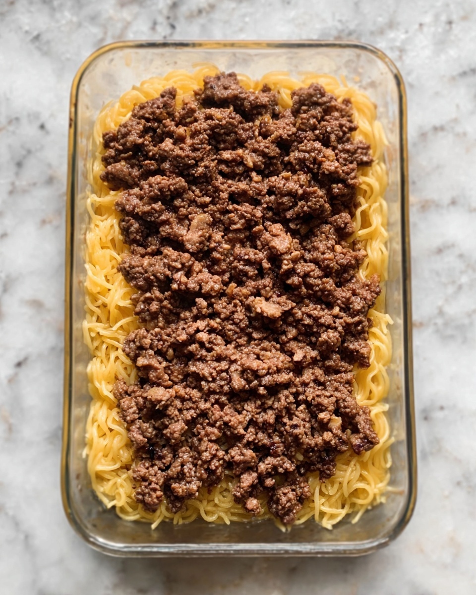 The image shows a clear glass rectangular dish filled with food, placed on a white marbled surface. Inside the dish, there is a base layer of cooked yellow pasta with a smooth texture, arranged evenly at the bottom. On top of the pasta is a thick layer of cooked ground meat, brown in color with a slightly crumbly texture, spread across the entire surface. The dish is simple and focused on these two layers. The photo is taken with an iphone --ar 4:5 --v 7
