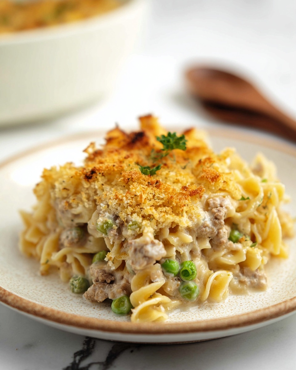 A white plate holds a creamy baked pasta dish with three main layers visible: at the bottom, twisted light yellow pasta; in the middle, a mix of light brown cooked ground meat and green peas scattered throughout; and on top, a golden brown crispy breadcrumb crust with some small melted cheese spots. The pasta looks soft with a slightly creamy texture, while the breadcrumb topping has a rough and crunchy appearance. The plate is set on a white marbled surface with a blurred white bowl and wooden spoon in the background. photo taken with an iphone --ar 4:5 --v 7