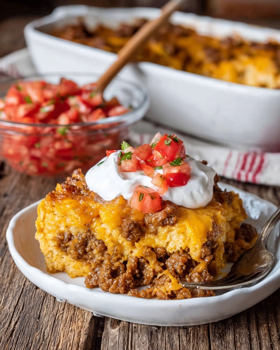 A close-up of a white oval plate with a thick serving of layered casserole made of yellow melted cheese mixed with brown cooked ground meat and browned bread or tortilla edges, topped with one layer of white sour cream and small red chopped tomatoes with green bits, placed on a rustic wooden table with a white marbled texture underneath; in the background, there is a white baking dish filled with more casserole and a clear round glass bowl holding more chopped tomatoes. Photo taken with an iphone --ar 4:5 --v 7