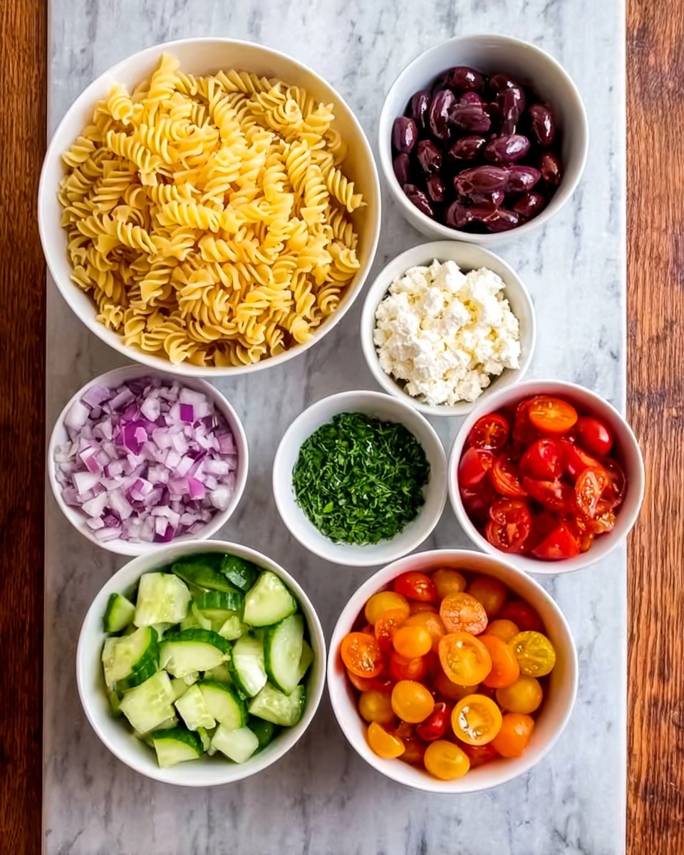 The image shows seven white bowls placed on a white marbled surface. The largest bowl at the bottom left contains yellow spiral pasta. To its right is a small bowl filled with finely chopped green herbs. Above the large pasta bowl, there is a bowl of dark purple olives to the right, with a bowl of bright orange cherry tomato halves next to it on the left. Above the tomatoes, a bowl contains diced red onions. The top center bowl holds crumbled white cheese, and on the left side, a bowl contains sliced green cucumbers. The bowls are arranged in a neat, somewhat circular pattern. Photo taken with an iphone --ar 4:5 --v 7