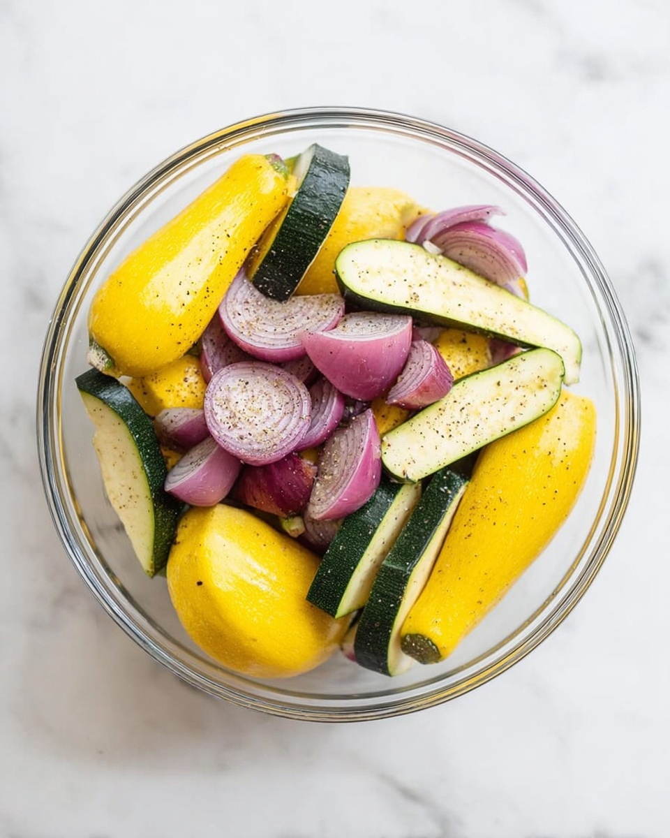 A clear glass bowl sits on a white marbled surface filled with a mix of vegetables. The bottom layer consists of several yellow squash with smooth skin, some whole and some sliced lengthwise showing pale yellow insides. On top of this is a layer of dark green zucchini, also sliced lengthwise, contrasting with the yellow squash. Scattered on the top are chunks of purple-red onion, quartered to show their layered texture. The vegetables are lightly sprinkled with black pepper. photo taken with an iphone --ar 4:5 --v 7
