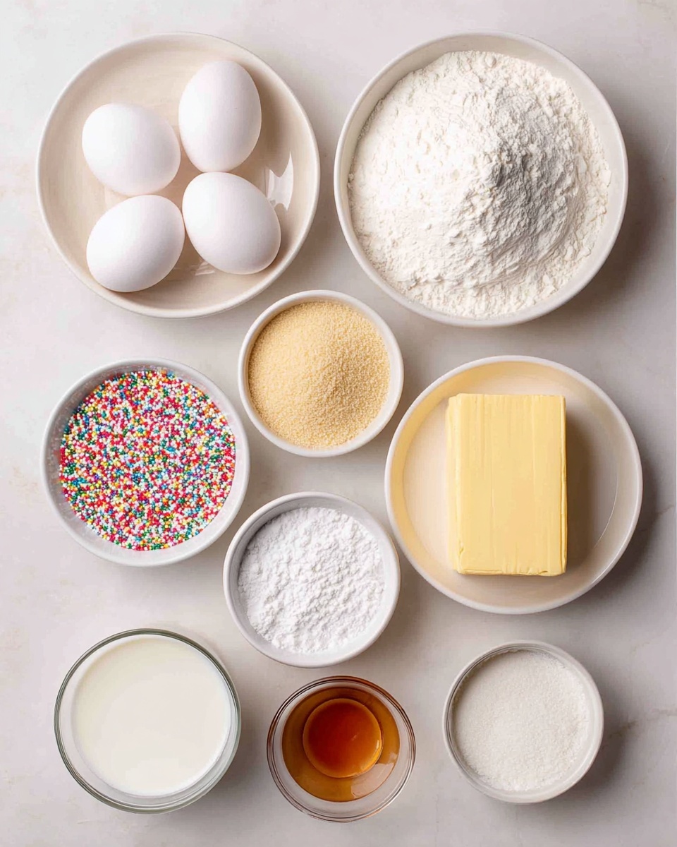 The image shows nine white bowls and a white plate arranged on a white marbled surface. The plate holds three whole white eggs. To the right is a bowl filled with white flour, showing a smooth, slightly swirled top layer. Below the plate are two bowls: the left one filled with light brown granulated sugar or yeast, the right one with a fine white powder that looks like powdered sugar. To the right of these is a bowl with a solid block of yellow butter. Below on the bottom row, from left to right, is a clear glass bowl with white milk, a bowl with colorful rainbow sprinkles, and a small bowl filled with light brown liquid, likely vanilla or syrup. Photo taken with an iphone --ar 4:5 --v 7
