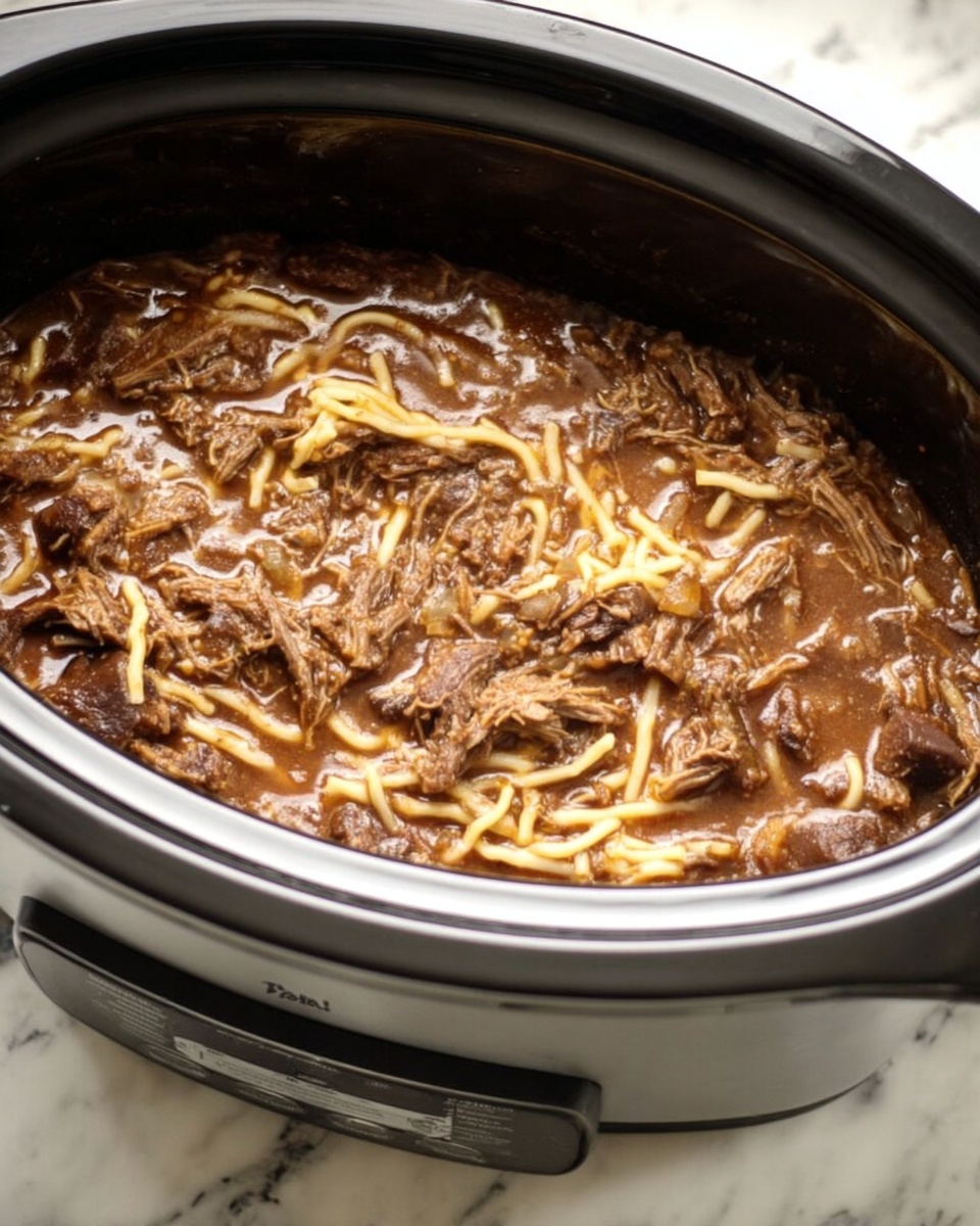 A close-up view of a black slow cooker filled with a cooked mixture of shredded meat and light yellow noodles in a thick brown sauce, with the meat and noodles spread evenly on top. The slow cooker sits on a white marbled surface, and its black and silver controls are partially visible on the lower left side. The texture on top of the dish looks soft and moist, with bits of meat and noodles intertwined, showing a rich, hearty meal. photo taken with an iphone --ar 4:5 --v 7