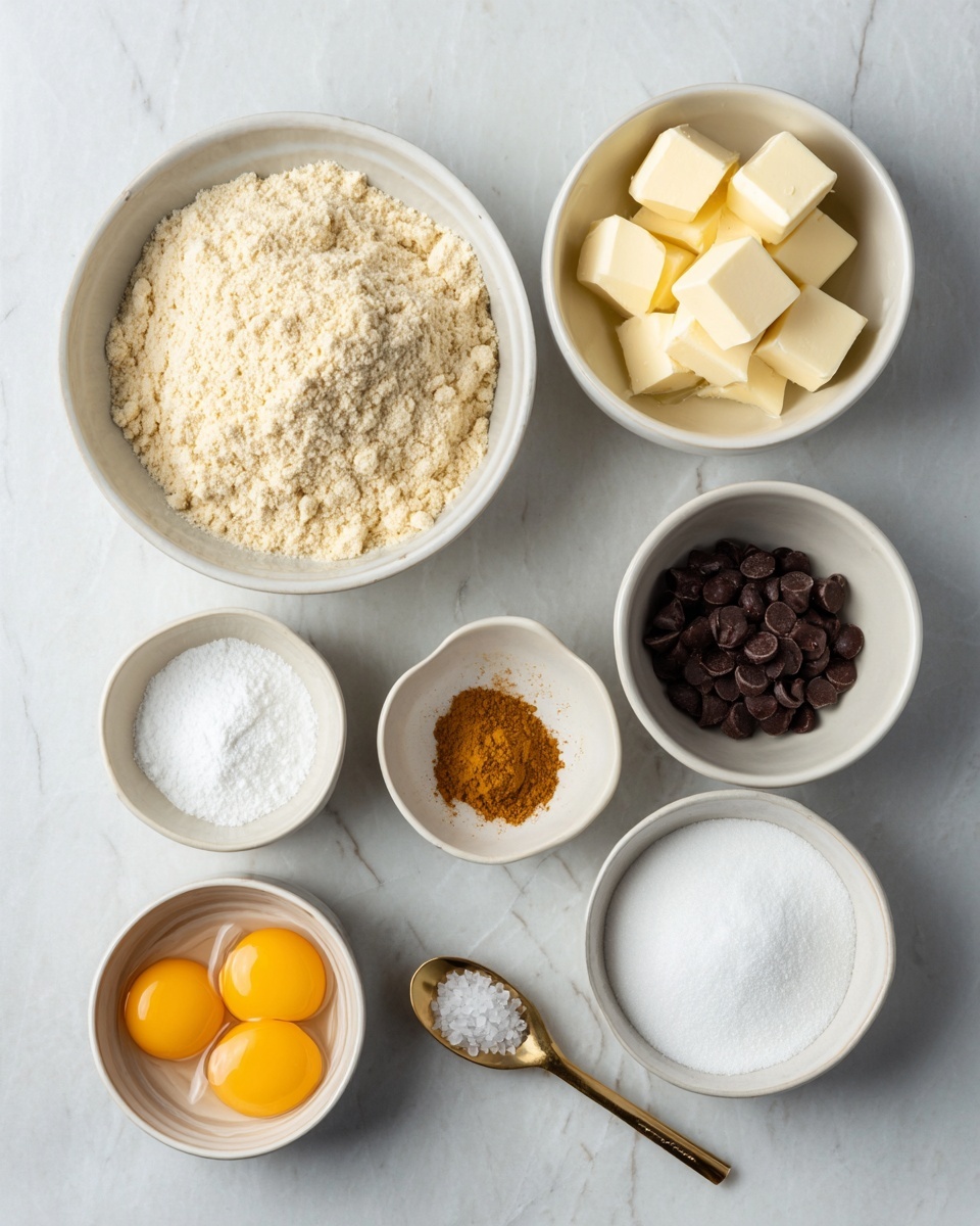 The image shows seven white bowls and one gold spoon, all placed on a white marbled surface. The largest bowl at the center contains a light beige powder with a crumbly texture. Next to it, a medium white bowl holds several pale yellow solid cubes. Another medium white bowl is filled with white powder and broken white pieces. One smaller white bowl contains dark brown chocolate chips, while another small bowl has a bright orange-yellow spice powder. A third small white bowl holds two raw eggs with visible yolks and clear whites. A medium dark brown bowl holds a small heap of white granulated sugar. Finally, the gold spoon is filled with white salt crystals. photo taken with an iphone --ar 4:5 --v 7