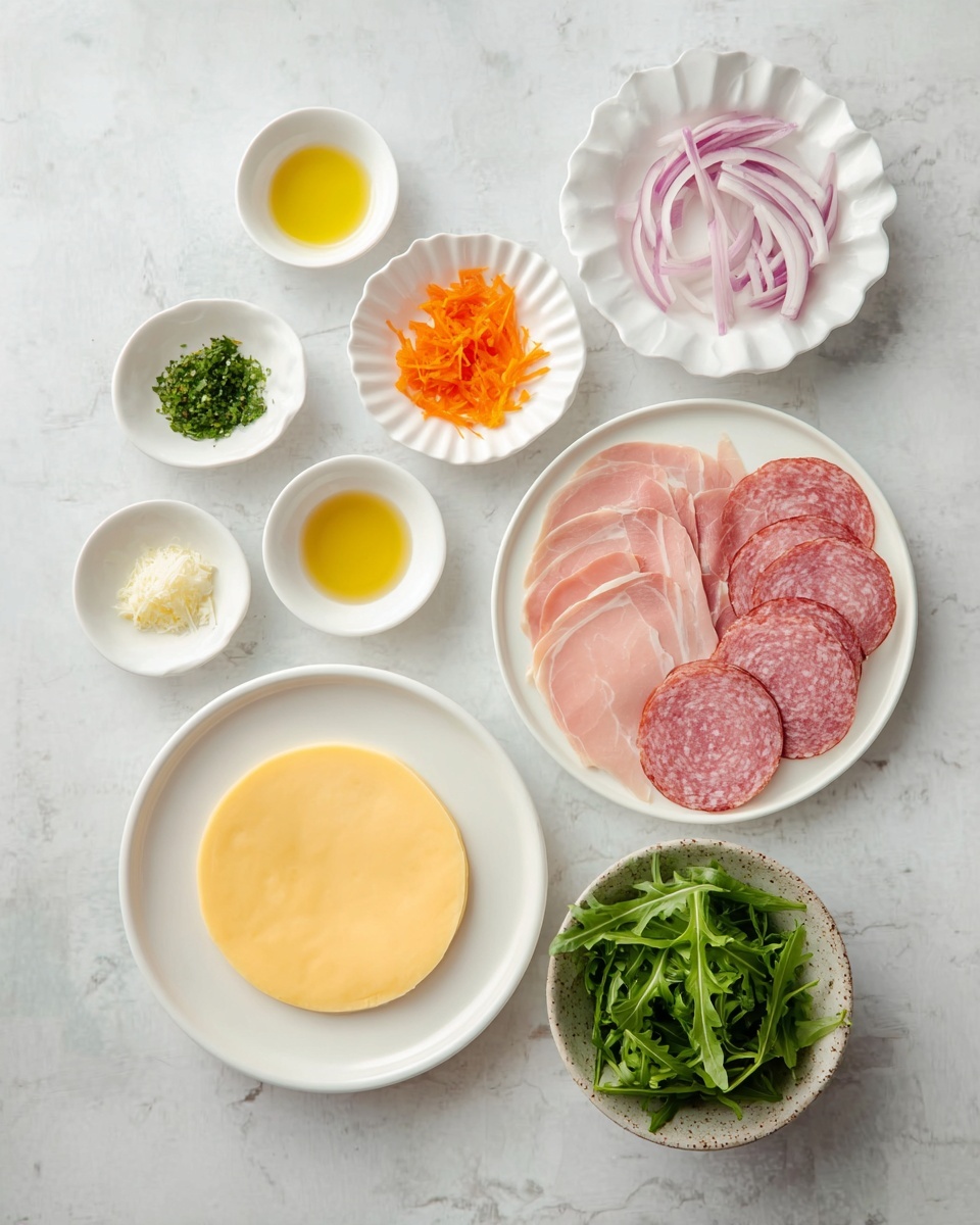 A simple top-down view of different food ingredients arranged neatly on a white marbled surface, including a white round plate at the bottom left with a single smooth, thin, flat yellow cheese slice; above it to the right, a white round plate with thin slices of pale pink ham loosely folded on the left half and five round slices of light pink salami stacked on the right half; two white scalloped dishes above, one with small bright orange pieces and the other with small strips of light purple and white onion; three small oval white dishes at the top with green herbs, golden olive oil, and light pink liquid respectively; at the bottom right, a small rough white bowl filled with dark green arugula leaves; all laid out on a clean white marbled surface photo taken with an iphone --ar 4:5 --v 7