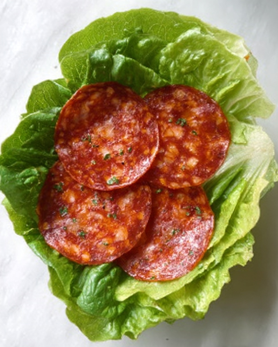 A few round slices of reddish pepperoni with visible herbs and spices layered on top of a bed of bright green lettuce leaves, the leaves wide and slightly ruffled forming a bowl shape holding the pepperoni. The setting is a white marbled surface. photo taken with an iphone --ar 4:5 --v 7
