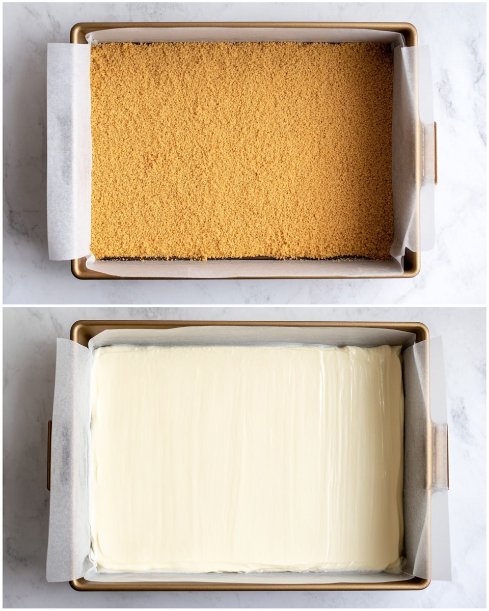 Two images show a baking pan with two layers of a dessert. The first layer is a crumbly, golden brown base spread evenly across the pan. The second layer is a smooth, creamy white topping that covers the entire base. The pan is lined with white paper and placed on a white marbled surface. Photo taken with an iphone --ar 4:5 --v 7