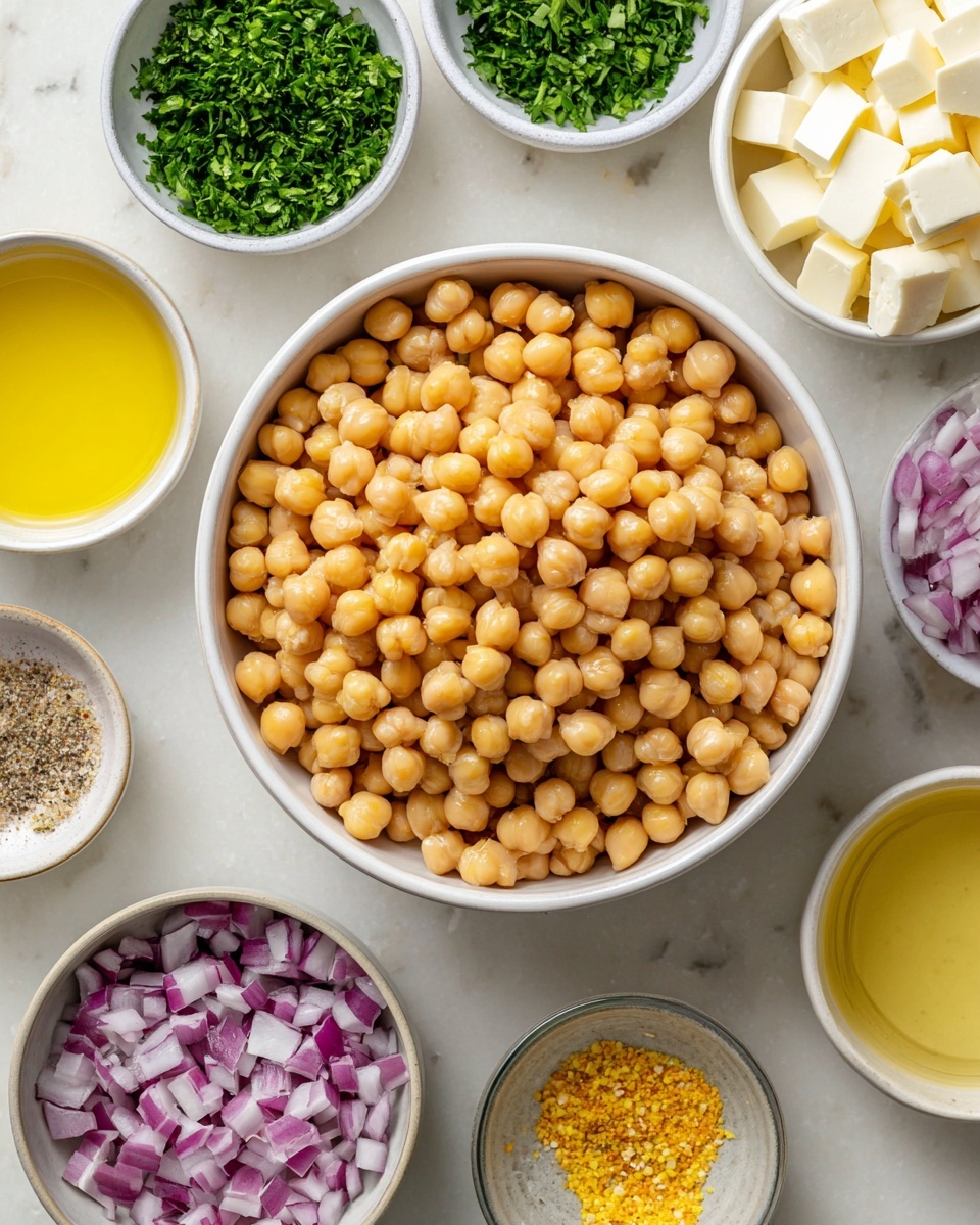 A top-down view of a white bowl filled with light brown chickpeas, surrounded by six smaller white bowls on a white marbled surface. The smaller bowls hold different ingredients: finely chopped green parsley in the top left, golden yellow olive oil in the top center, white cubed cheese on the top right, diced purple-red onions in the bottom left, a mix of salt, pepper, and yellow lemon zest in the bottom center, and a pale yellow liquid in the right bottom corner. The image shows a clean and organized arrangement of ingredients, each with distinct colors and textures, ready for use in a recipe photo taken with an iphone --ar 4:5 --v 7