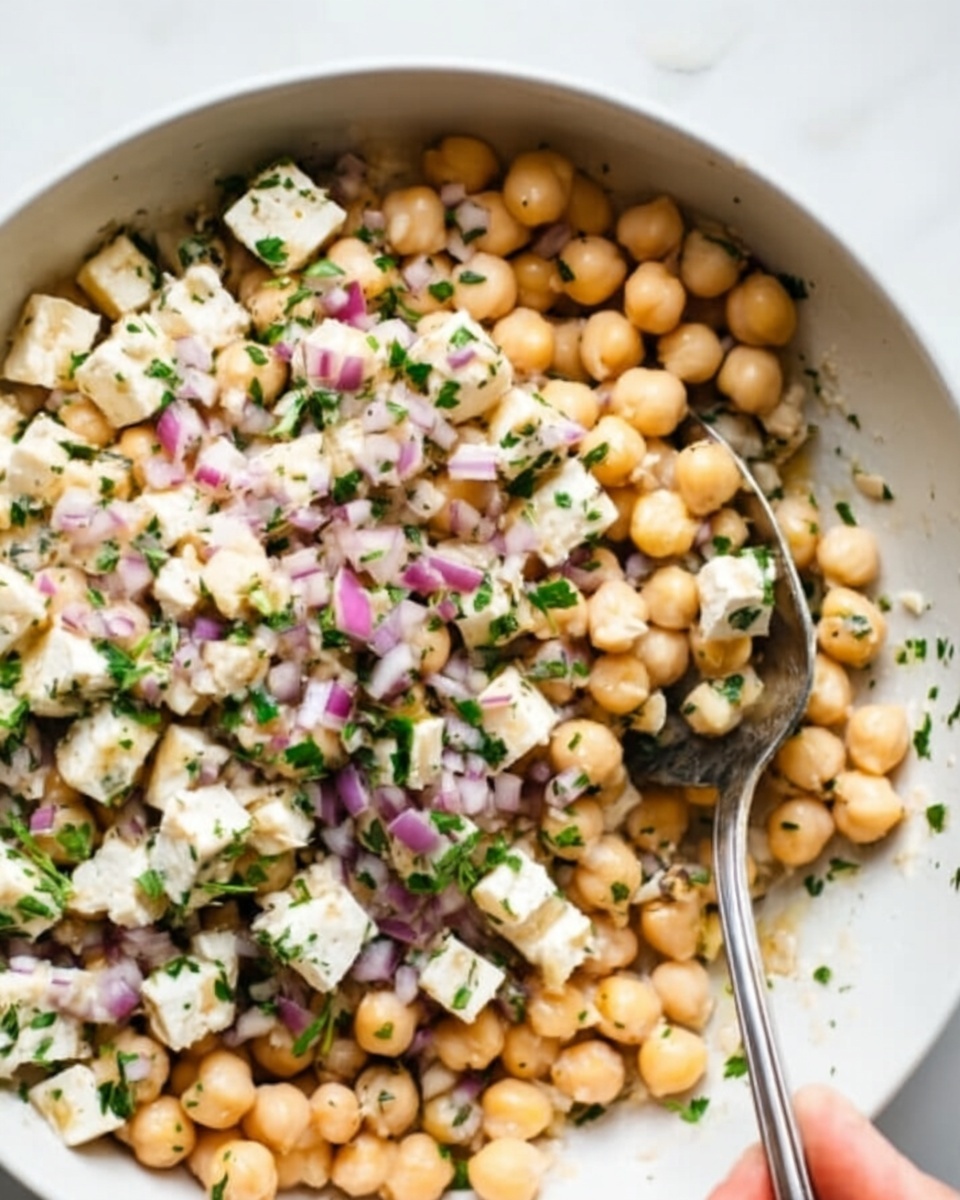 A white speckled bowl filled with a salad made of three main layers: soft pale beige chickpeas, small white cubes of feta cheese scattered evenly throughout, and finely chopped purple-red onions mixed in. Bright green parsley bits are spread all over, adding color contrast, and a shiny silver spoon is partly submerged in the salad on the right side. A fresh lemon wedge with vibrant yellow skin and juicy pulp rests on the edge of the bowl at the top left. The bowl sits on a white marbled surface, and the overall look is fresh and colorful, photo taken with an iphone --ar 4:5 --v 7