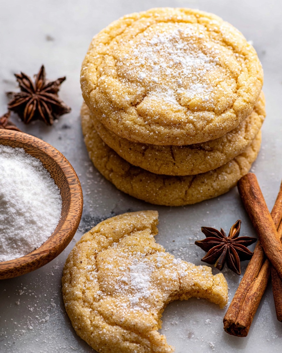 A stack of five round, soft-looking cookies with a light brown color and a slightly cracked surface rests on a white plate. The top cookie has a bite taken out, revealing a moist and crumbled inside that is a darker shade of brown. Each cookie is dusted lightly with white powdered sugar, adding a subtle contrast to the warm tones. The plate sits on a surface with a white marbled texture, and the background is softly blurred, focusing attention on the cookies. photo taken with an iphone --ar 4:5 --v 7