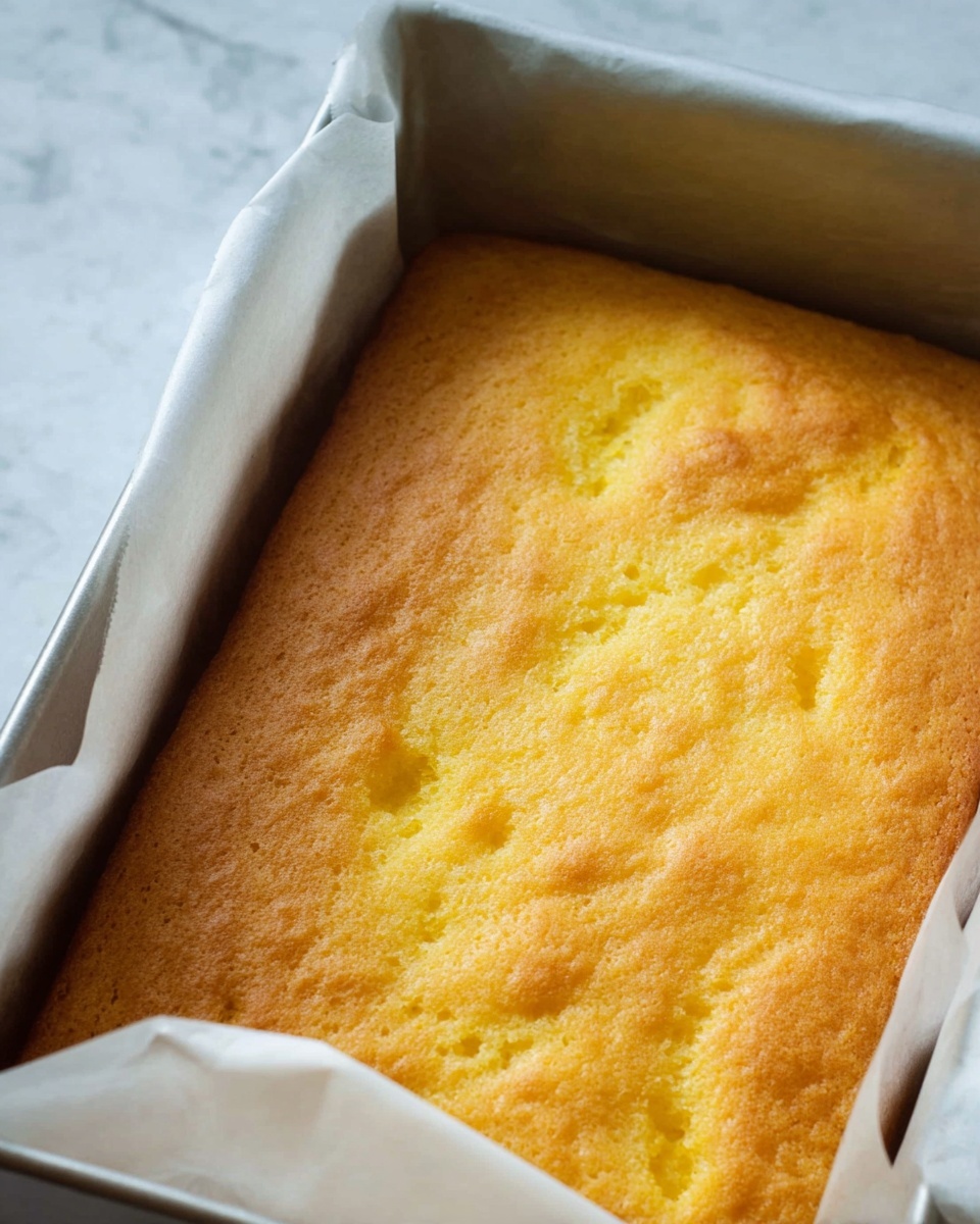 The image shows a single-layer golden yellow cake baked in a metal rectangular pan partially covered with white baking paper on one side, the cake surface has slightly uneven texture with small indentations and a soft, fluffy look. The background is a white marbled texture. Photo taken with an iphone --ar 4:5 --v 7