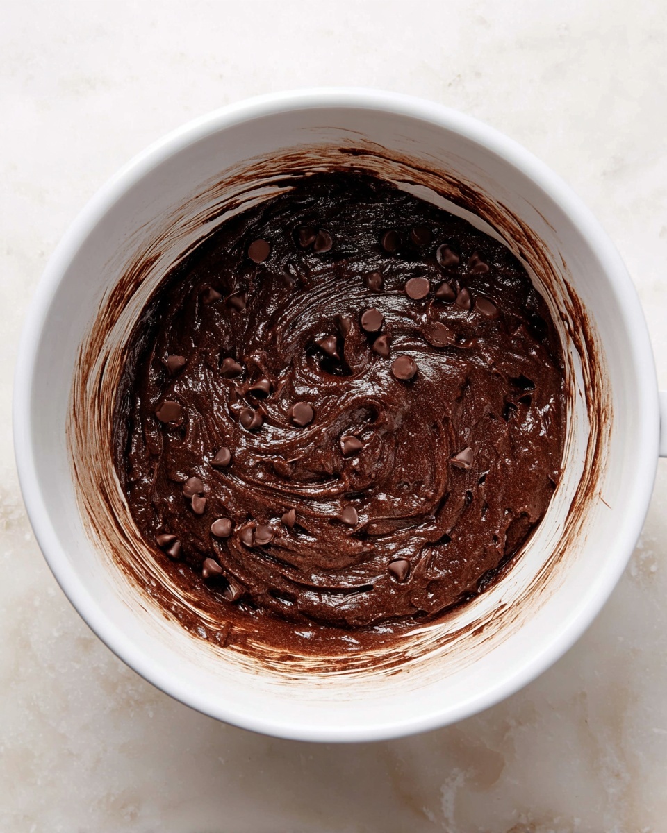 A white mixing bowl filled with thick, dark brown chocolate batter speckled with many small, shiny chocolate chips. The batter has a rich, smooth texture with visible swirls and some batter marks on the inner sides of the bowl. The bowl sits on a white marbled surface. photo taken with an iphone --ar 4:5 --v 7