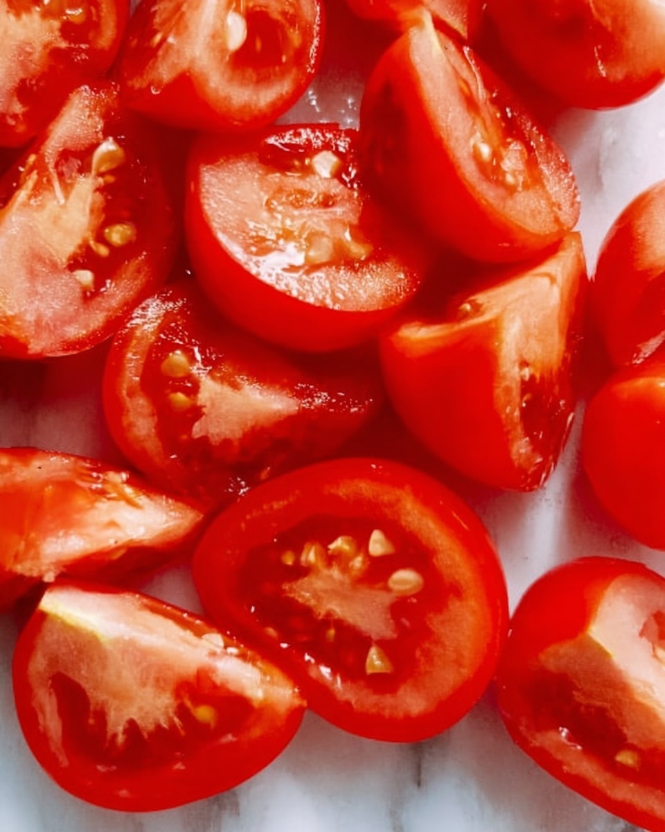 A close-up view of several pieces of bright red tomatoes with shiny, smooth skin arranged tightly together on a white marbled surface. Each piece shows juicy flesh with some seeds and white inside parts visible, with a fresh and moist texture. The overall color is vibrant red with a slightly glossy look. photo taken with an iphone --ar 4:5 --v 7